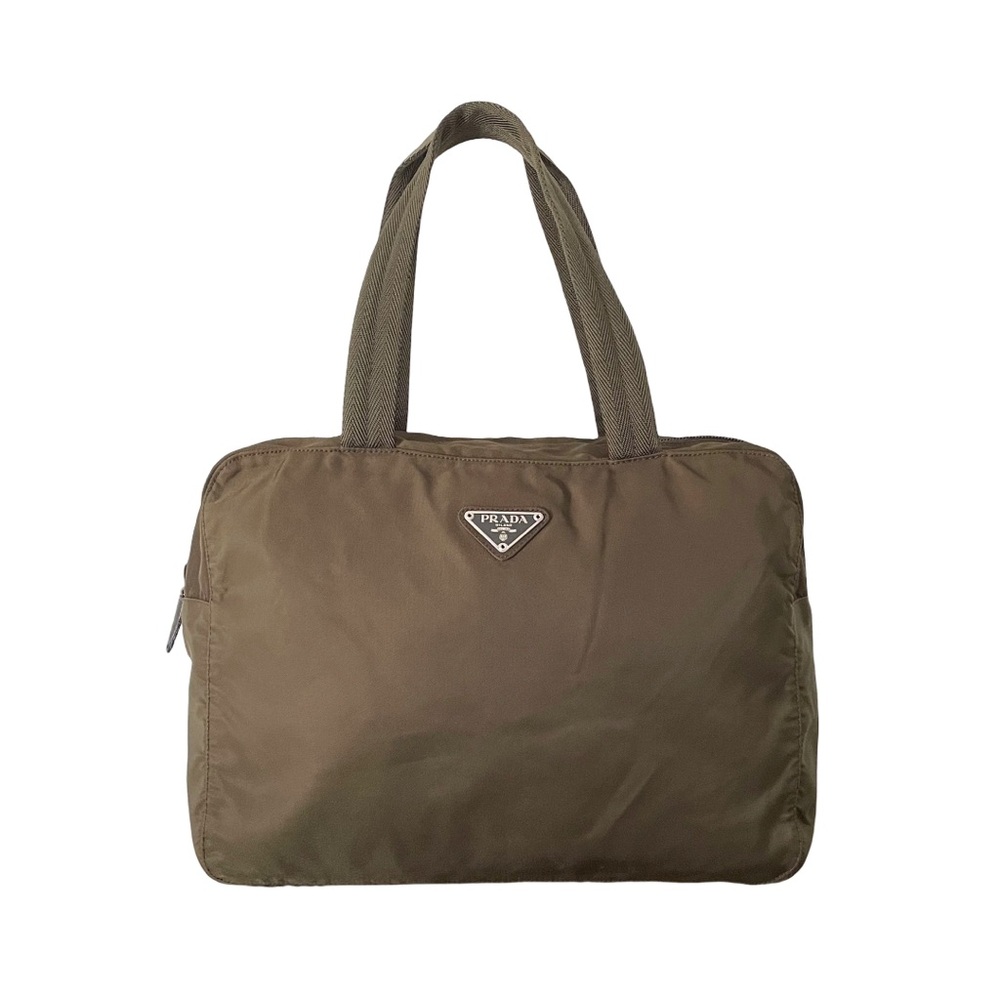 Prada RARE dark green brown nylon triangle logo Boston bag vintage - Picture 2 of 15
